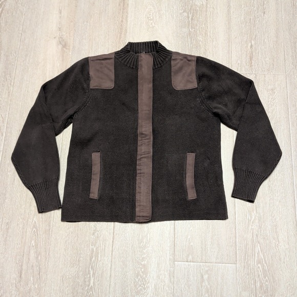 Liz Claiborne Sweaters - Liz Claiborne Petite Brown Zip Up Cardigan Sweater Faux Suede Patch Women Medium